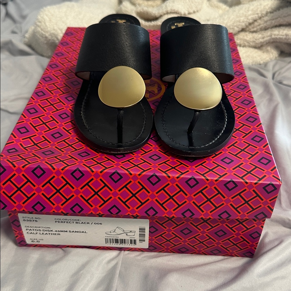 Tory Burch Black and Gold Leather Sandals